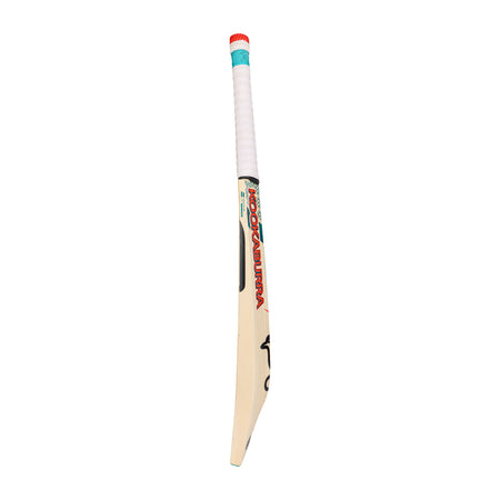 The Kookaburra Nickel 5.1 Legend Cricket Bat 2026, made from premium English willow, features a white grip with red and teal accents and stands upright against a white background.