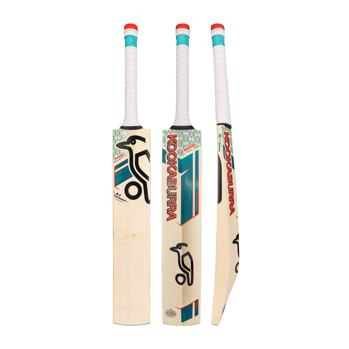 Three Kookaburra Nickel 5.1 Legend Cricket Bats 2026 stand upright to show front, back, and side views. These English Willow bats feature white grips with red tops and teal, black, and red branding on light wood.