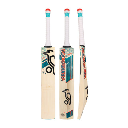 Three Kookaburra Nickel 5.1 Legend Cricket Bats 2026 stand upright to show front, back, and side views. These English Willow bats feature white grips with red tops and teal, black, and red branding on light wood.