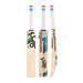 Three Kookaburra Nickel 5.1 Legend Cricket Bats 2026 stand upright to show front, back, and side views. These English Willow bats feature white grips with red tops and teal, black, and red branding on light wood.