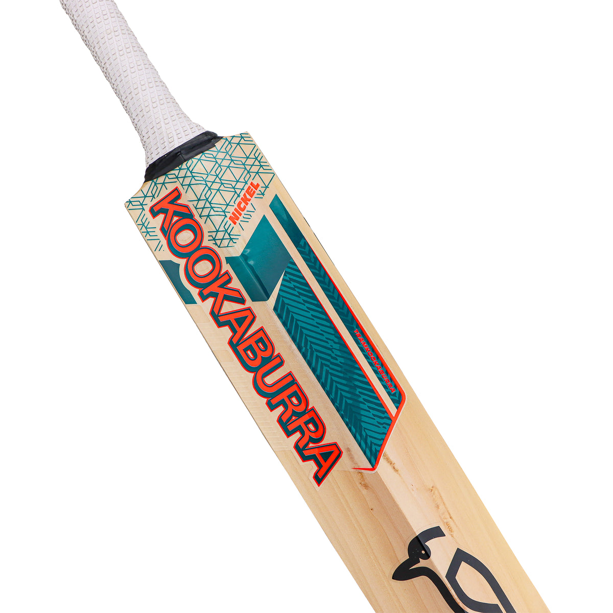 A close-up of the lightweight Kookaburra Nickel 6.2 Ultra Cricket Bat 2026, featuring a white grip, blue and green sticker design, and the Kookaburra logo on the blade.