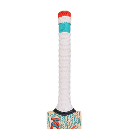 Close-up of a Kookaburra Nickel 6.2 Ultra Cricket Bat 2026 handle by Kookaburra, featuring a white textured grip, turquoise section near the top, red cap at the end, and partial view of the bat’s blade with colorful branding.