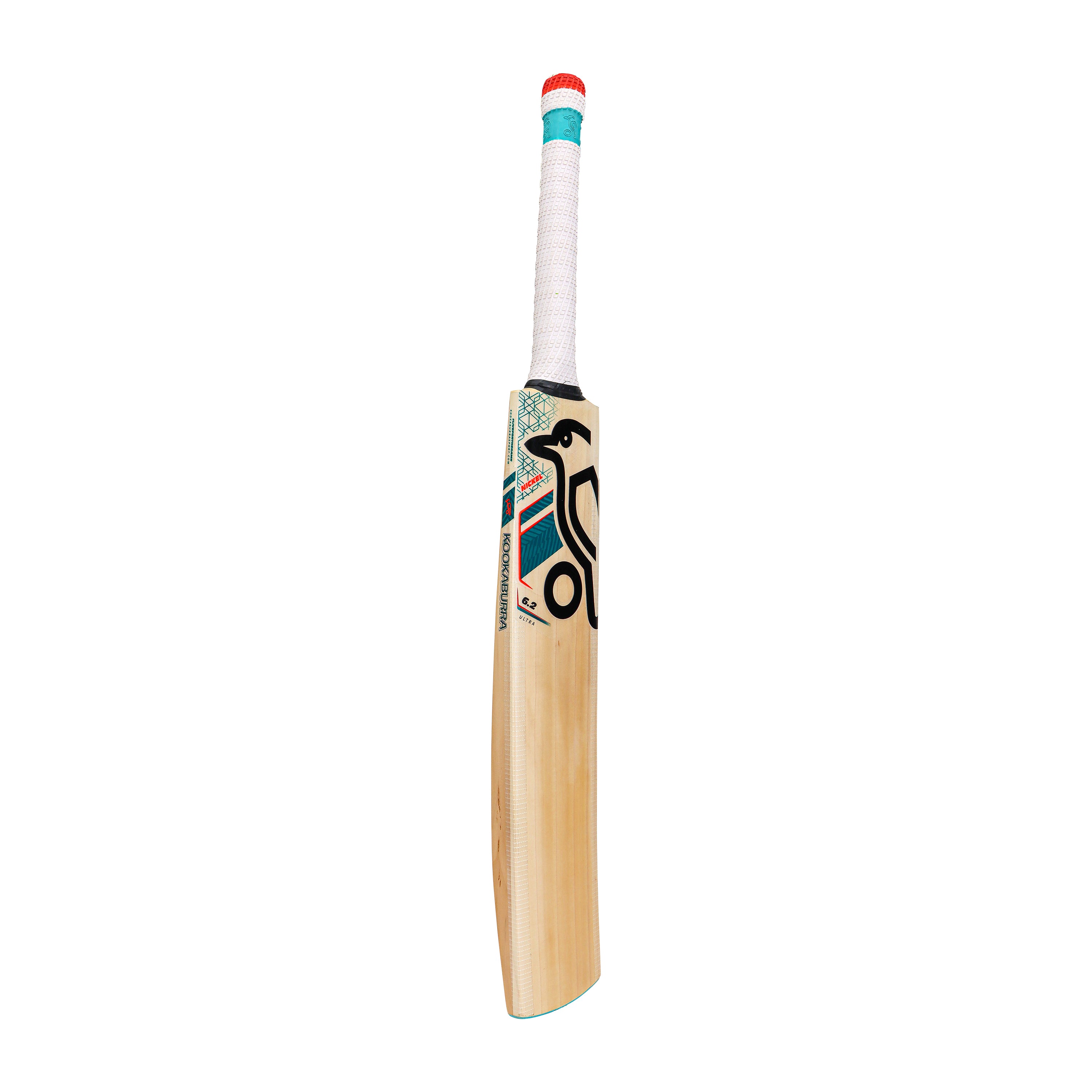 The Kookaburra Nickel 6.2 Ultra Cricket Bat 2026, made from English Willow, stands against a white background with a white grip, red and blue accents, and a black stylized bird logo on the front.