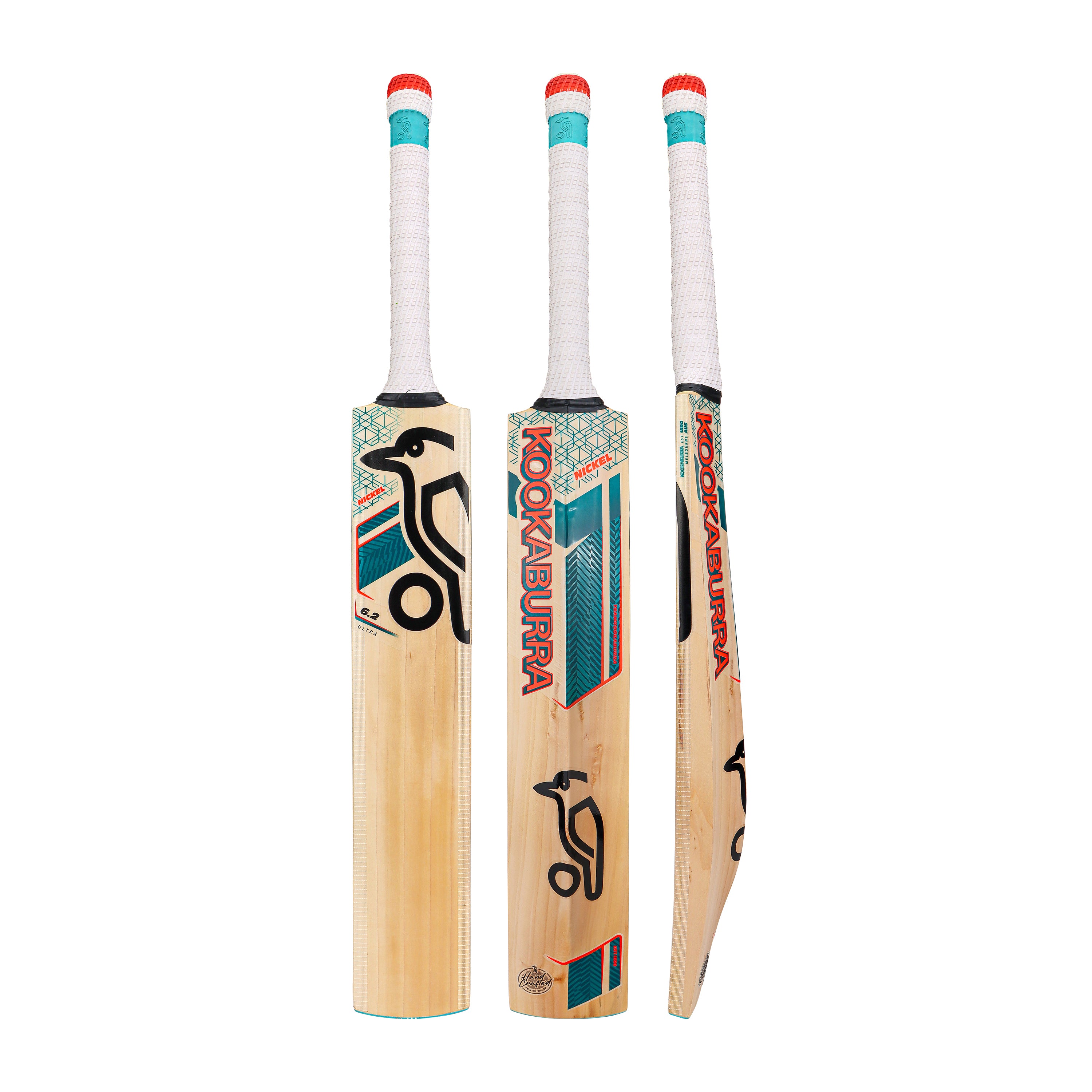 Front, back, and side views of the Kookaburra Nickel 6.2 Ultra Cricket Bat 2026 showcase its lightweight English Willow, white handle with red and teal accents, bold Kookaburra branding, and striking graphic designs.