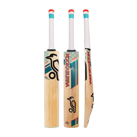 Front, back, and side views of the Kookaburra Nickel 6.2 Ultra Cricket Bat 2026 showcase its lightweight English Willow, white handle with red and teal accents, bold Kookaburra branding, and striking graphic designs.