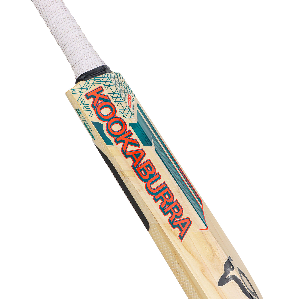 Close-up of the Kookaburra Nickel 6.4 Ultimate Cricket Bat 2026, featuring the brand name in red on a light English Willow blade, with green and black detailing, a Pro Shield face, and a white handle grip.