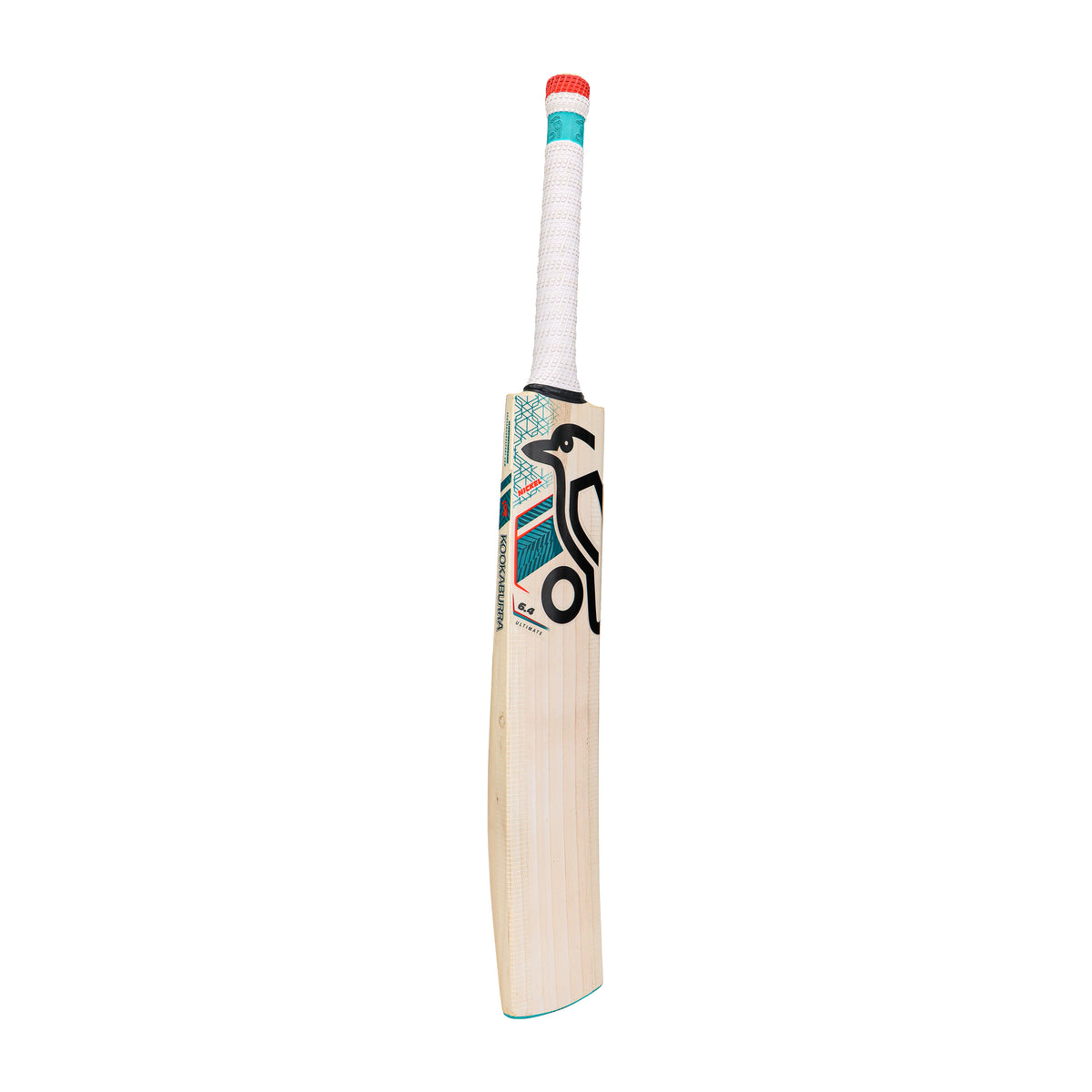 The Kookaburra Nickel 6.4 Ultimate Cricket Bat 2026, crafted from premium English Willow with a white grip and red end cap, features Pro Shield face and blue, black, and teal graphics; it stands upright against a plain white background.