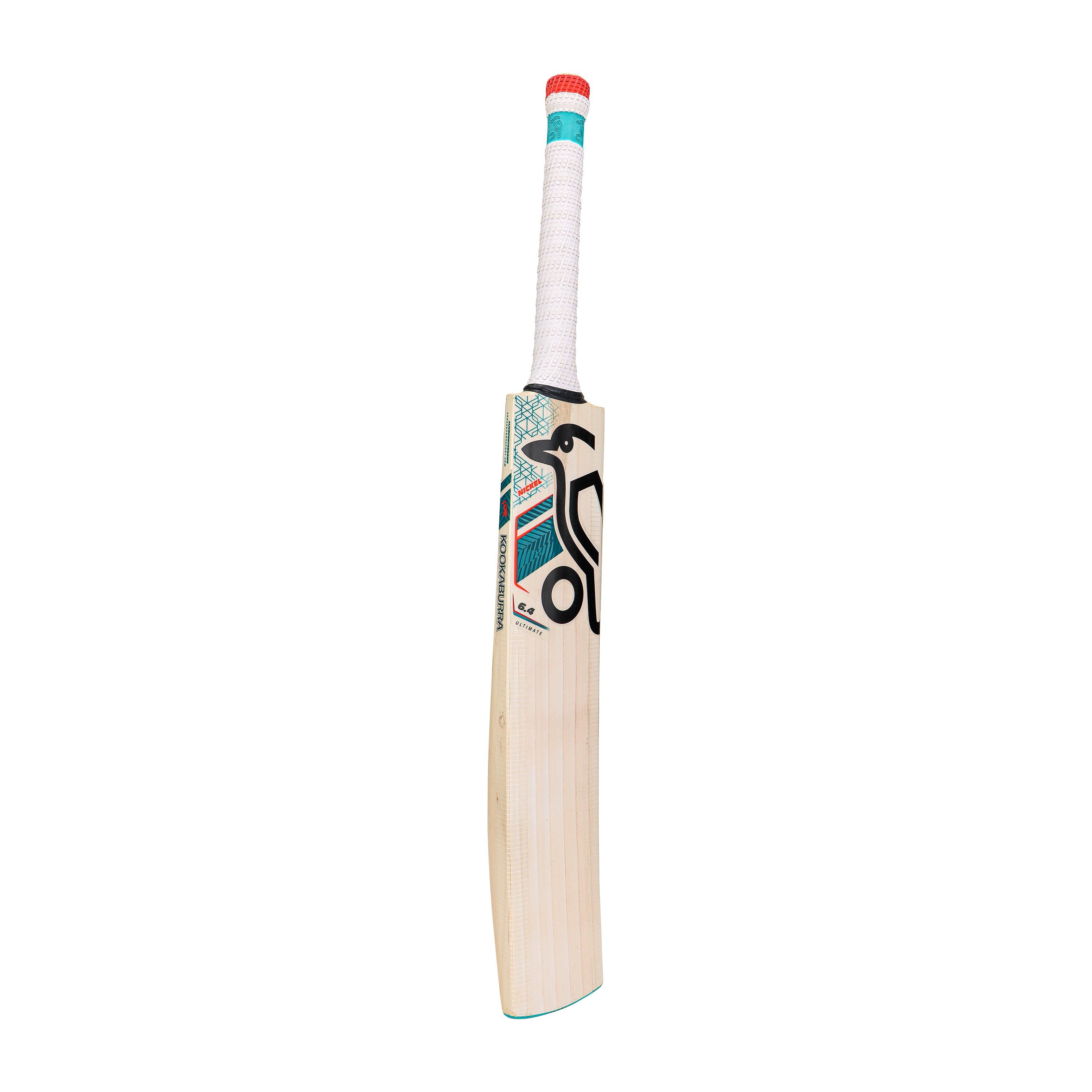 The Kookaburra Nickel 6.4 Ultimate Cricket Bat 2026, crafted from premium English Willow with a white grip and red end cap, features Pro Shield face and blue, black, and teal graphics; it stands upright against a plain white background.
