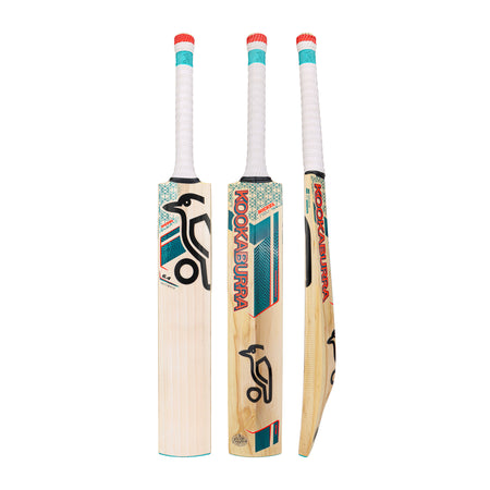 Three Kookaburra cricket bats, including the Kookaburra Nickel 6.4 Ultimate Cricket Bat 2026, stand upright displaying a Pro Shield face, white grips, red ends, bold graphics, and the signature Kookaburra logo and branding.