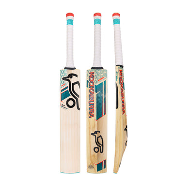 Three Kookaburra cricket bats, including the Kookaburra Nickel 6.4 Ultimate Cricket Bat 2026, stand upright displaying a Pro Shield face, white grips, red ends, bold graphics, and the signature Kookaburra logo and branding.