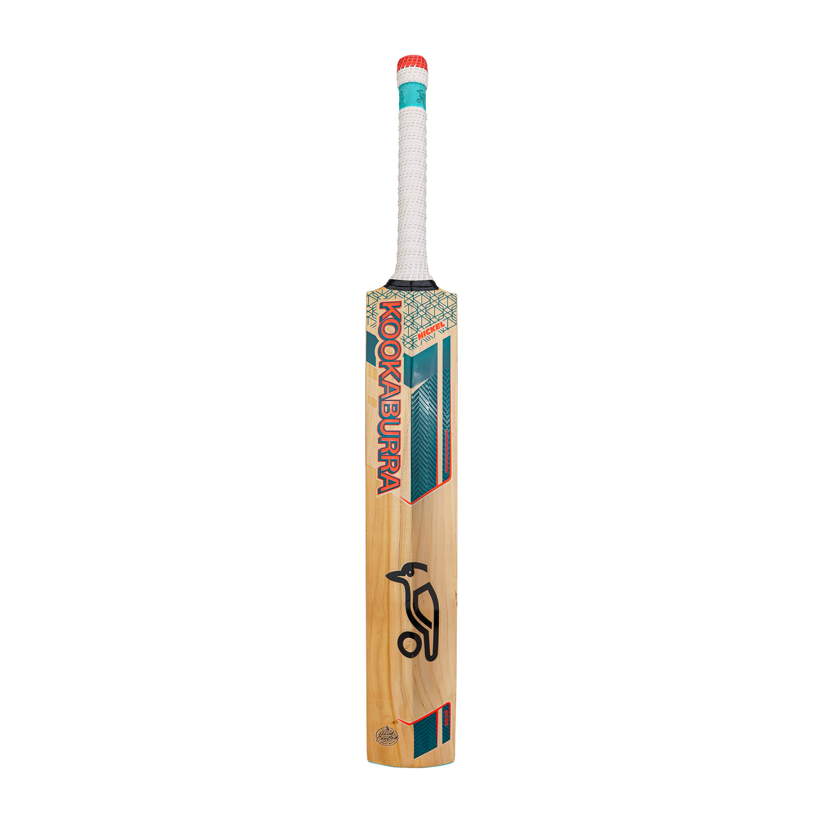 The Kookaburra Nickel 6.3 Select Junior Cricket Bat 2026 features a white grip, teal and red accents, and a black Kookaburra logo on the front, shown upright against a white background.