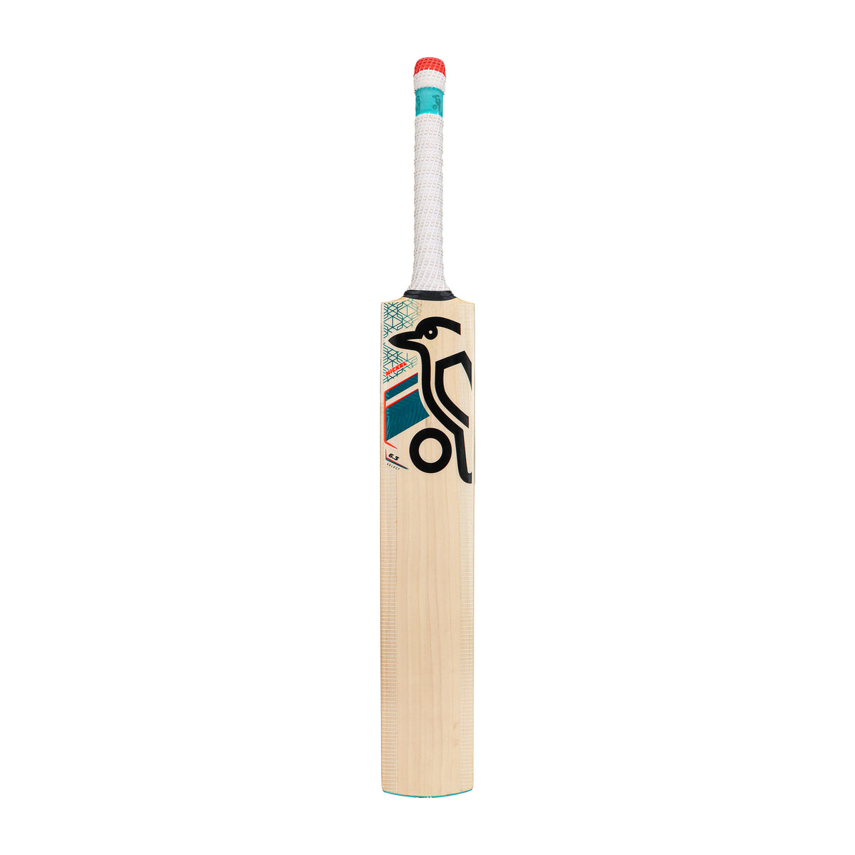 The Kookaburra Nickel 6.3 Select Junior Cricket Bat 2026 stands upright on a plain white background, featuring a stylish black and teal design with a white handle and red grip.