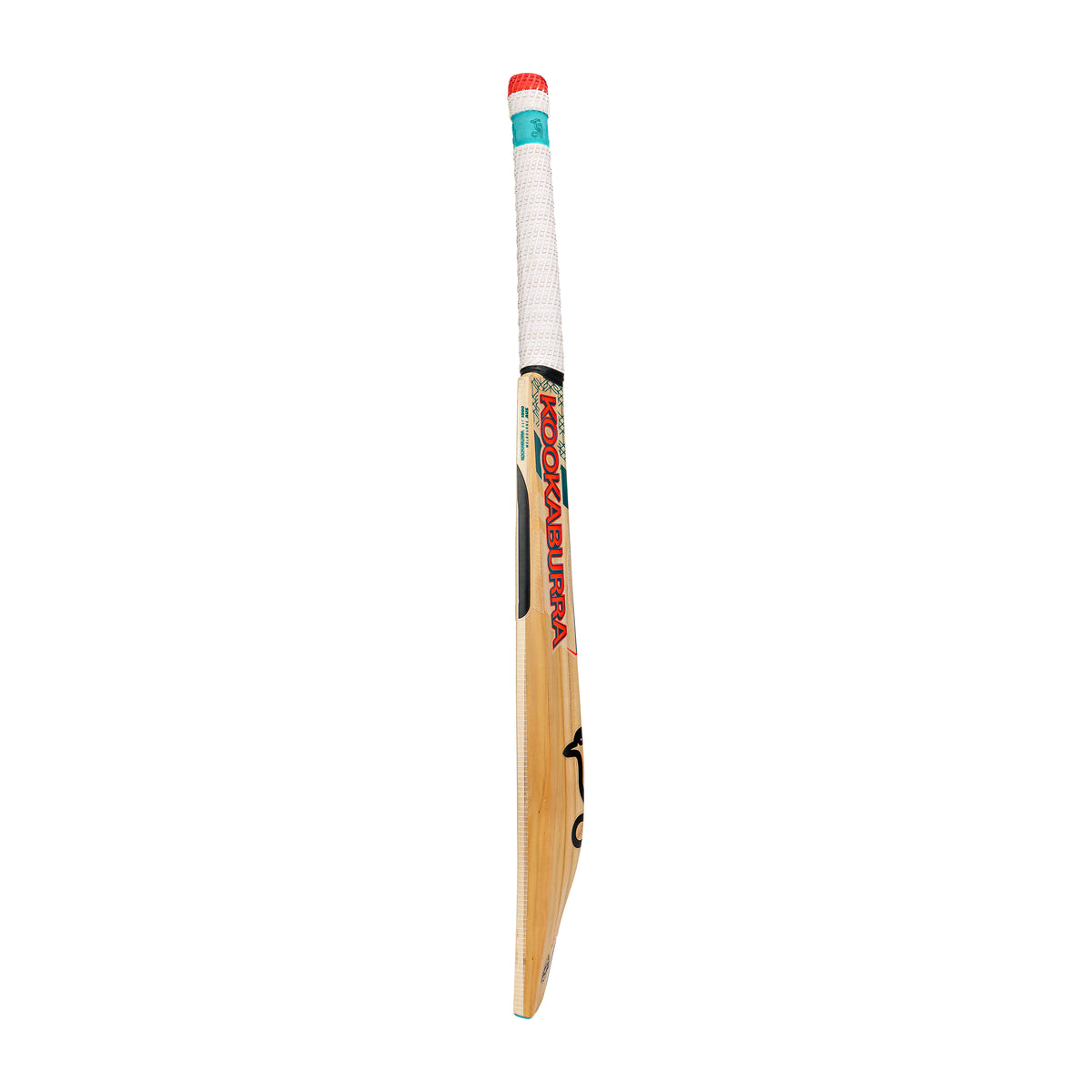 The Kookaburra Nickel 6.3 Select Junior Cricket Bat 2026 stands upright on its edge, showcasing a white grip and vibrant red, green, and black branding on the front. Crafted from quality English willow by Kookaburra, it is displayed against a plain white background.