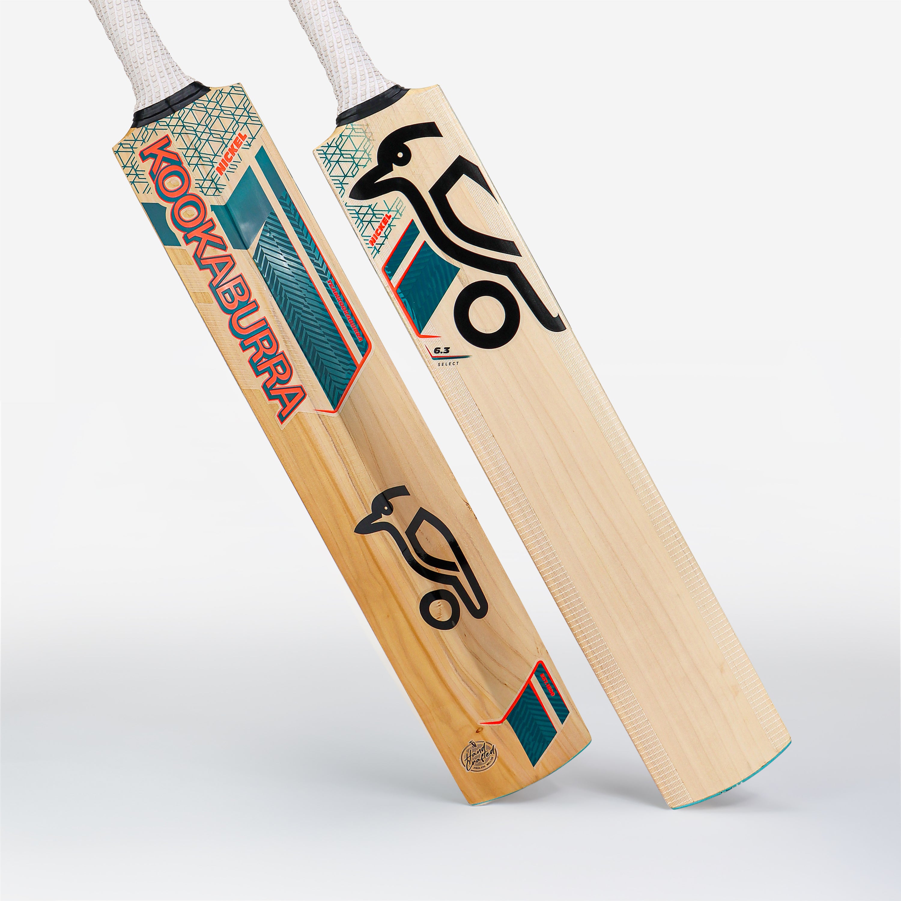 Two Kookaburra Nickel 6.3 Select Junior Cricket Bats 2026 are shown upright, displaying front and back. Both bats feature teal, red, and black graphics with the Kookaburra brand’s stylized bird logo.