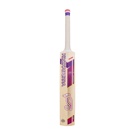 The Kookaburra Glare Pro Players Edition Cricket Bat 2026 is a high-quality English Willow bat with a white handle and purple, pink, and red designs. The Kookaburra brand name and logo are featured on the front.