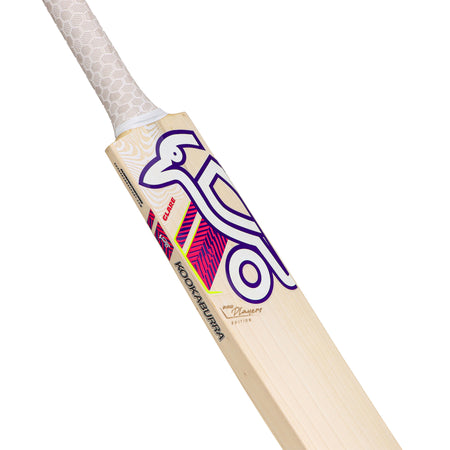 A close-up of the Kookaburra Glare Pro Players Edition Cricket Bat 2026 shows its white grip, colorful branding, and distinctive kookaburra bird logo with Player Edition label—offering true players' quality from Kookaburra.