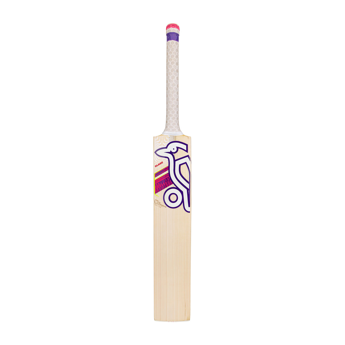 The Kookaburra Glare Pro Players Edition Cricket Bat 2026 features a white handle and a purple-pink geometric design with a stylized bird on the blade—perfect for players seeking Kookaburra quality and standout style.