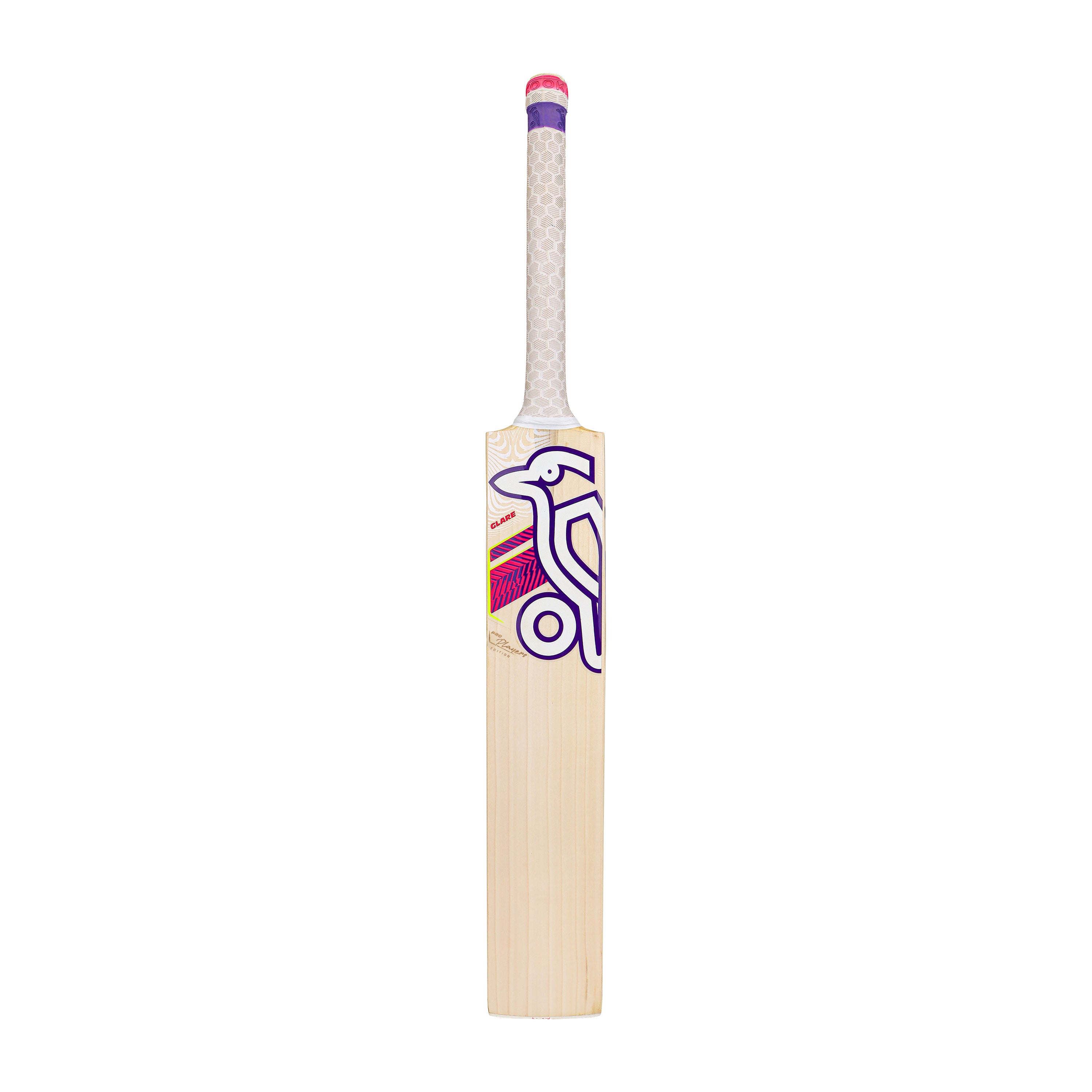The Kookaburra Glare Pro Players Edition Cricket Bat 2026 features a white handle and a purple-pink geometric design with a stylized bird on the blade—perfect for players seeking Kookaburra quality and standout style.