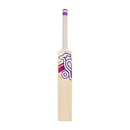The Kookaburra Glare Pro Players Edition Cricket Bat 2026 features a white handle and a purple-pink geometric design with a stylized bird on the blade—perfect for players seeking Kookaburra quality and standout style.
