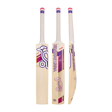Three views of the Kookaburra Glare Pro Players Edition Cricket Bat 2026 by Kookaburra, a players quality English Willow bat featuring a white and purple handle, purple branding, and pink logos displayed on a white background.