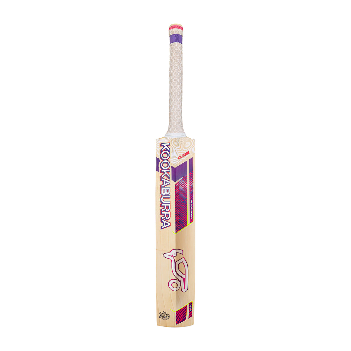 The Kookaburra Glare Pro 2.1 Elite Cricket Bat 2026, made from English Willow with a white grip and purple and pink accents, stands upright on a white background. It features a low sweet spot for powerful performance.