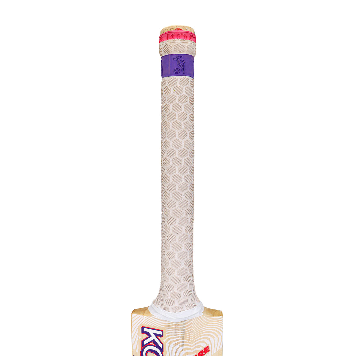 Close-up of the Kookaburra Glare Pro 2.1 Elite Cricket Bat 2026 handle with textured white grip, a purple band near the top, and pink cap. Lower part and Kookaburra logo are partially visible.