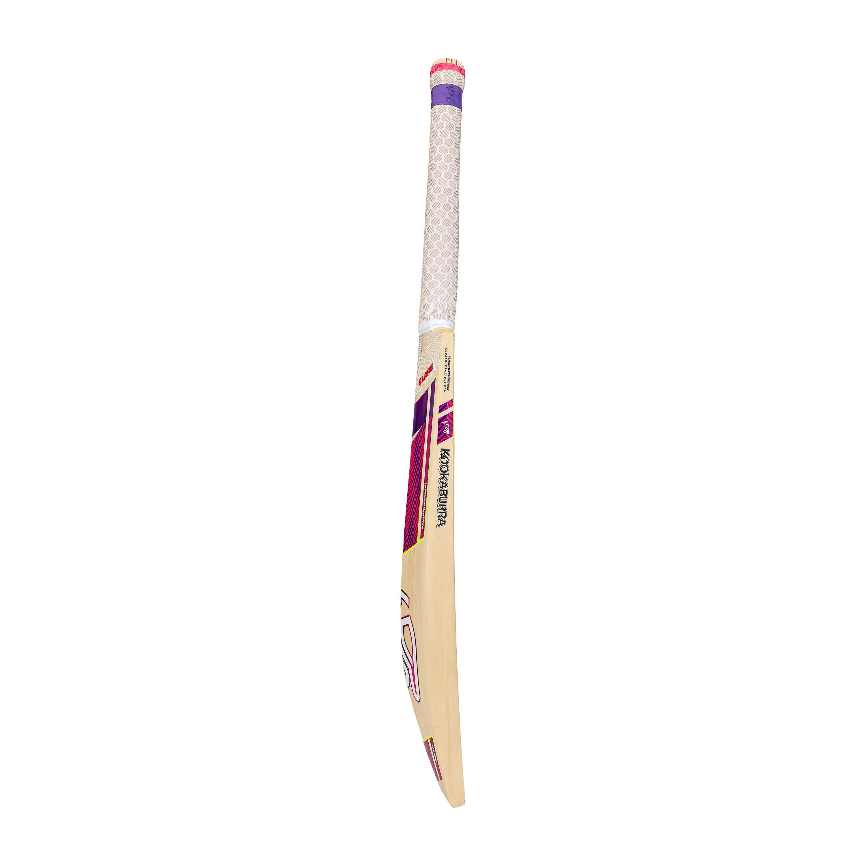 The Kookaburra Glare Pro 2.1 Elite Cricket Bat 2026, made from English willow, stands upright on a white background with a white textured grip, purple, pink, and black graphics, and features a low sweet spot for powerful shots.