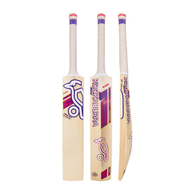 Three Kookaburra Glare Pro 2.1 Elite Cricket Bats 2026 are displayed from front, side, and angled views. Each English Willow bat features a white handle, vibrant Kookaburra branding, and a low sweet spot for powerful shots.