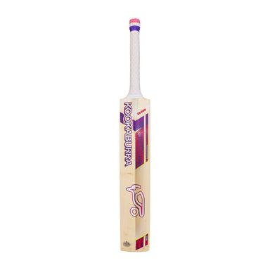 The Kookaburra Glare Pro 2.1 Elite Junior Cricket Bat 2026, featuring a white handle with purple and pink accents and the Kookaburra logo on the blade, stands upright against a white background—ideal for junior players.
