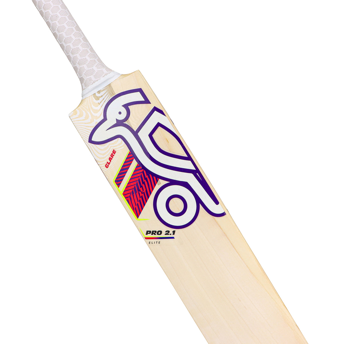 The Kookaburra Glare Pro 2.1 Elite Junior Cricket Bat 2026 features a light wooden build, white handle, bold purple bird outline, colorful geometric blade patterns, and is labeled CLASH, PRO 2.1, and ELITE.