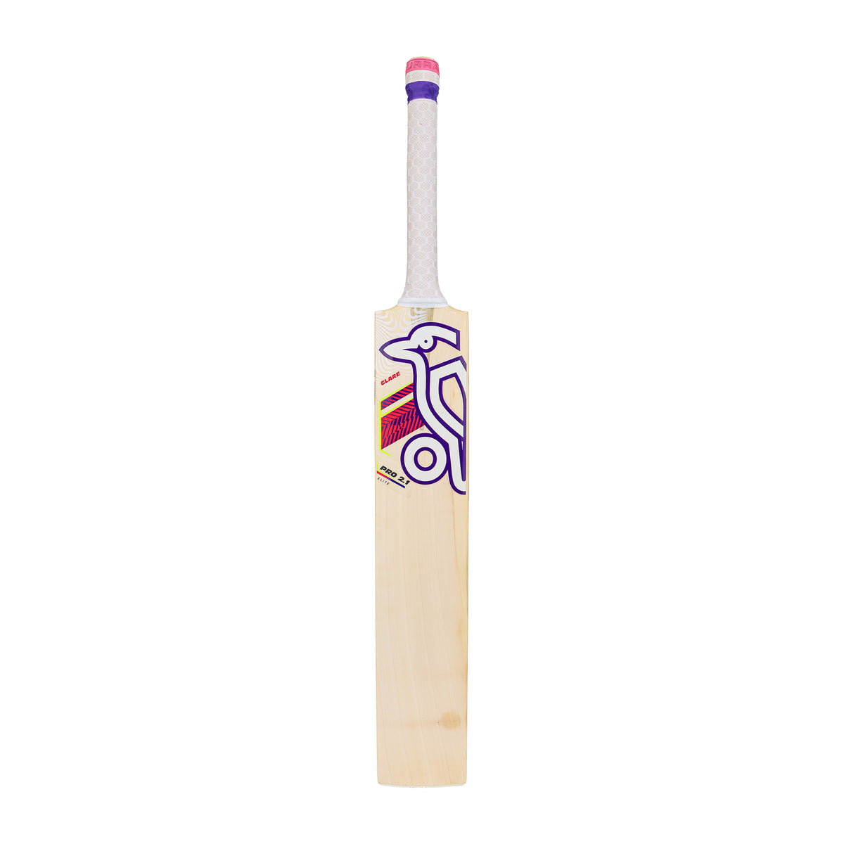 The Kookaburra Glare Pro 2.1 Elite Junior Cricket Bat 2026 features a white grip, purple and pink styling, and a bird logo near the handle. Crafted from premium English willow for junior players, it stands upright against a plain white background.