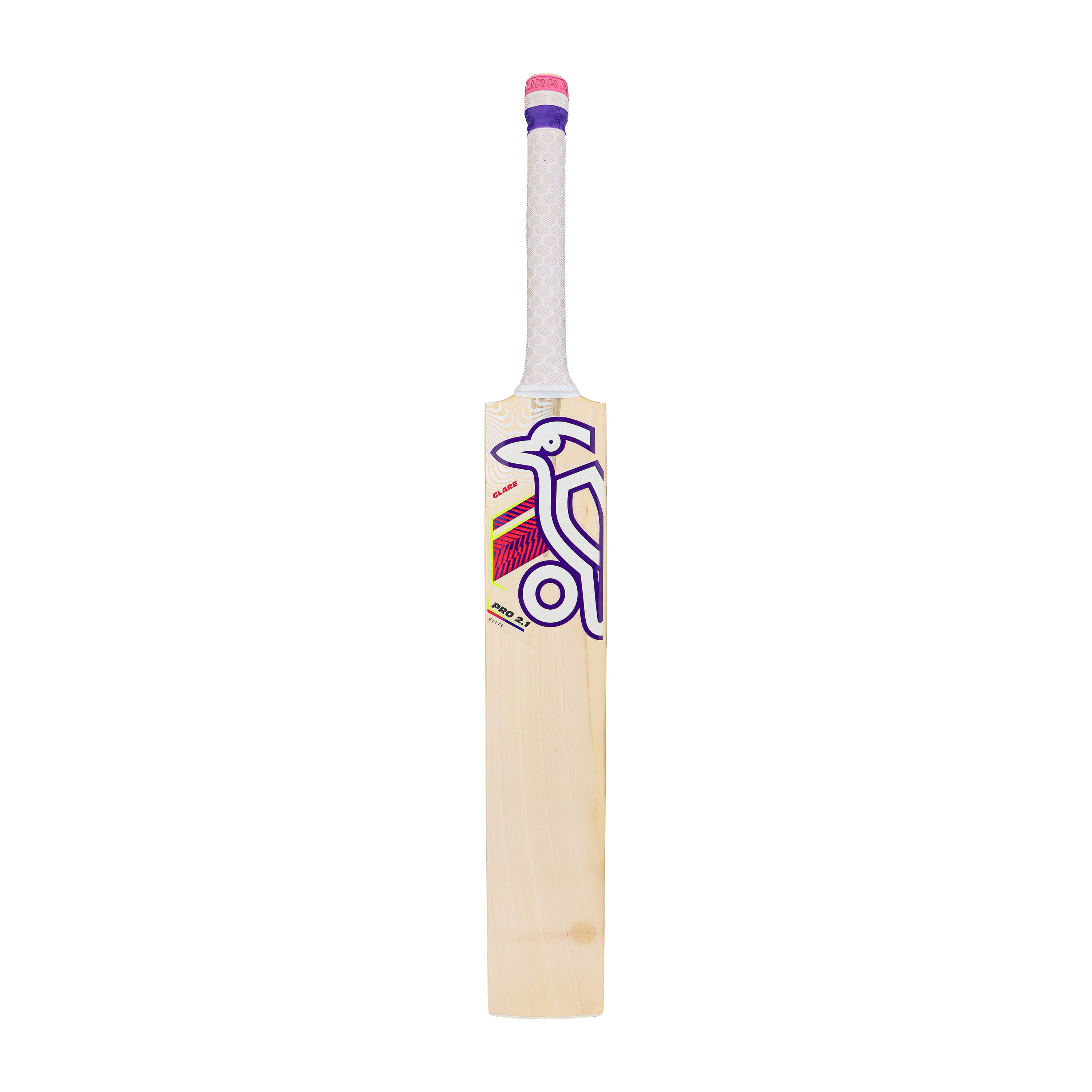 The Kookaburra Glare Pro 2.1 Elite Junior Cricket Bat 2026 features a white grip, purple and pink styling, and a bird logo near the handle. Crafted from premium English willow for junior players, it stands upright against a plain white background.