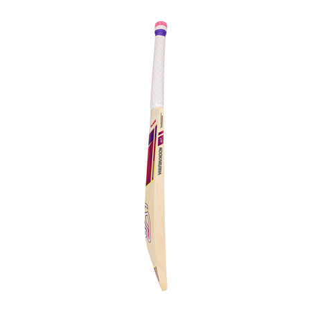 The Kookaburra Glare Pro 2.1 Elite Junior Cricket Bat 2026, made from English willow with a white and purple handle, red and black details, and KOOKABURRA branding on the blade, is shown against a white background.