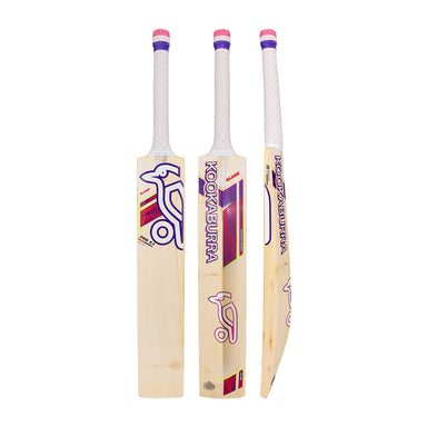 Three Kookaburra Glare Pro 2.1 Elite Junior Cricket Bat 2026 models are displayed from the front, back, and side, crafted from light English willow with purple, pink, and white branding and textured white handles accented in pink and purple.