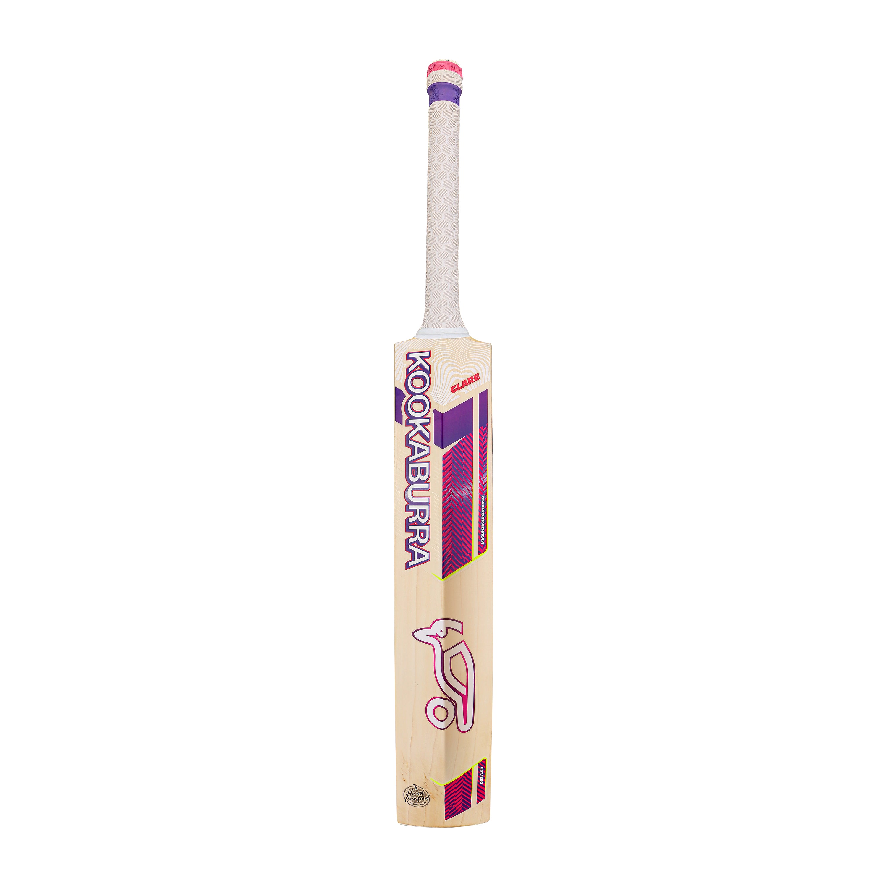 The Kookaburra Glare 4.1 Hero Cricket Bat 2026 from Kookaburra, made of Grade 4.1 English Willow with a white handle and pink, purple, and white blade graphics, is shown against a plain white background.