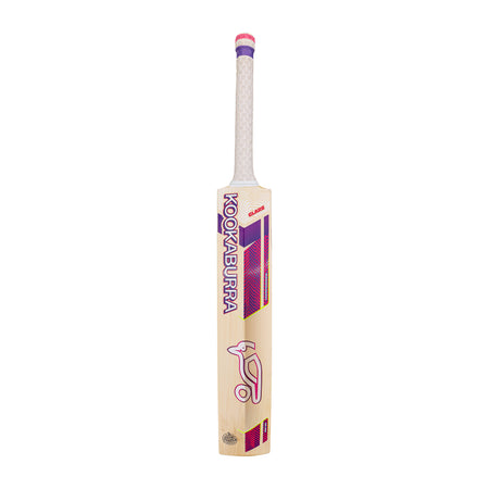 The Kookaburra Glare 4.1 Hero Cricket Bat 2026 from Kookaburra, made of Grade 4.1 English Willow with a white handle and pink, purple, and white blade graphics, is shown against a plain white background.