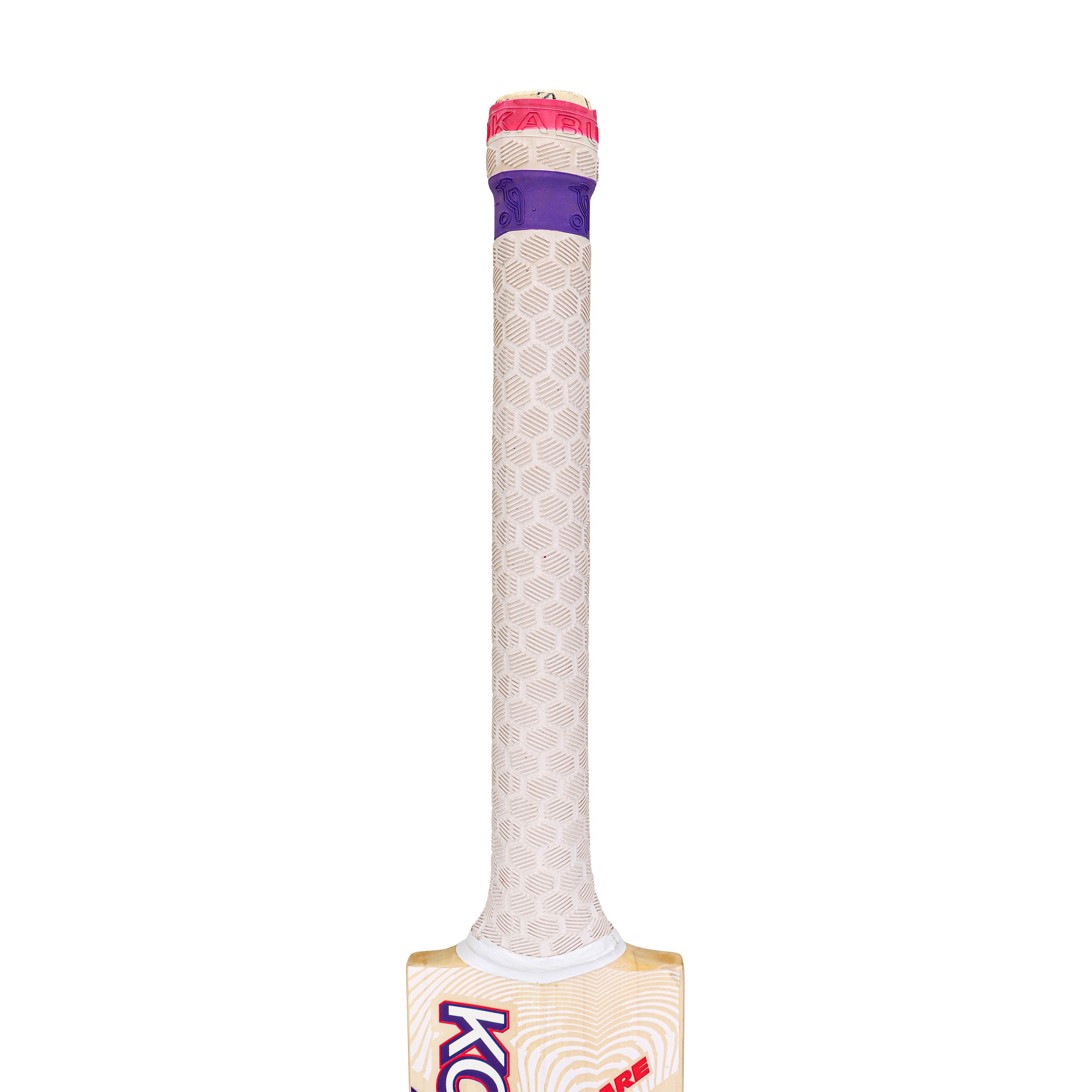 Close-up of the Kookaburra Glare 4.1 Hero Cricket Bat 2026 handle with a patterned white grip, purple band near the top, and pink cap; the full-profile blade's upper part is partially visible below.