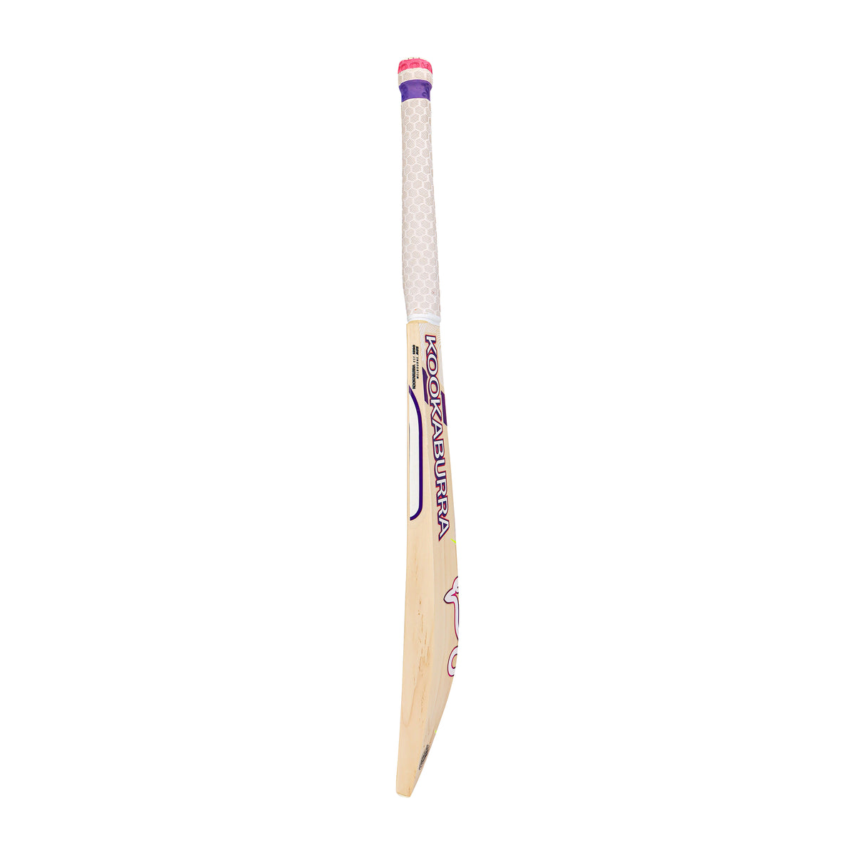 The Kookaburra Glare 4.1 Hero Cricket Bat 2026, crafted from Grade 4.1 English Willow, features a full-profile design, white and purple grip, and purple KOOKABURRA branding on the blade, displayed upright against a white background.