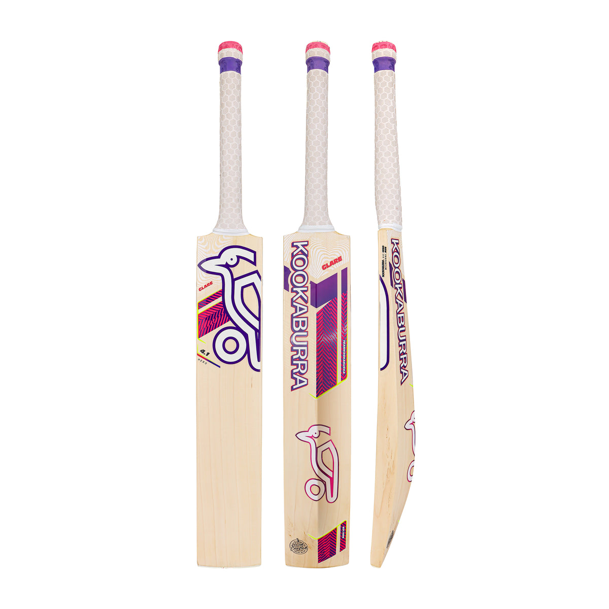 Three views of the Kookaburra Glare 4.1 Hero Cricket Bat 2026 by Kookaburra—a full-profile bat made from Grade 4.1 English Willow, featuring a white handle and bold purple-pink blade graphics—are shown from front, back, and side.
