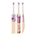 Three views of the Kookaburra Glare 4.1 Hero Cricket Bat 2026 by Kookaburra—a full-profile bat made from Grade 4.1 English Willow, featuring a white handle and bold purple-pink blade graphics—are shown from front, back, and side.