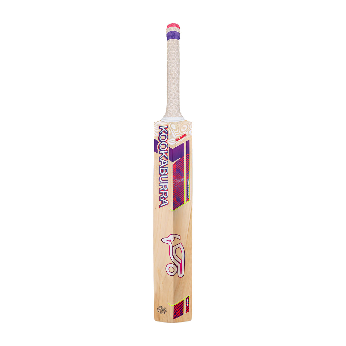 The Kookaburra Glare 4.1 Hero Junior Cricket Bat 2026 stands upright against a plain white background, showcasing its English willow blade, white handle, and purple-pink Kookaburra branding.