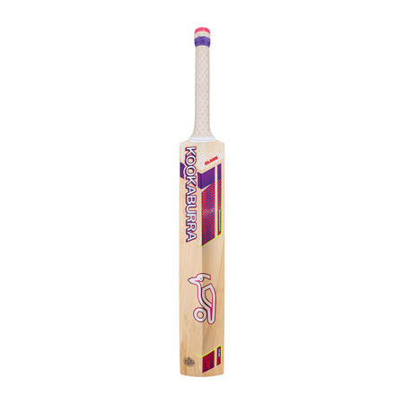 The Kookaburra Glare 4.1 Hero Junior Cricket Bat 2026 stands upright against a plain white background, showcasing its English willow blade, white handle, and purple-pink Kookaburra branding.