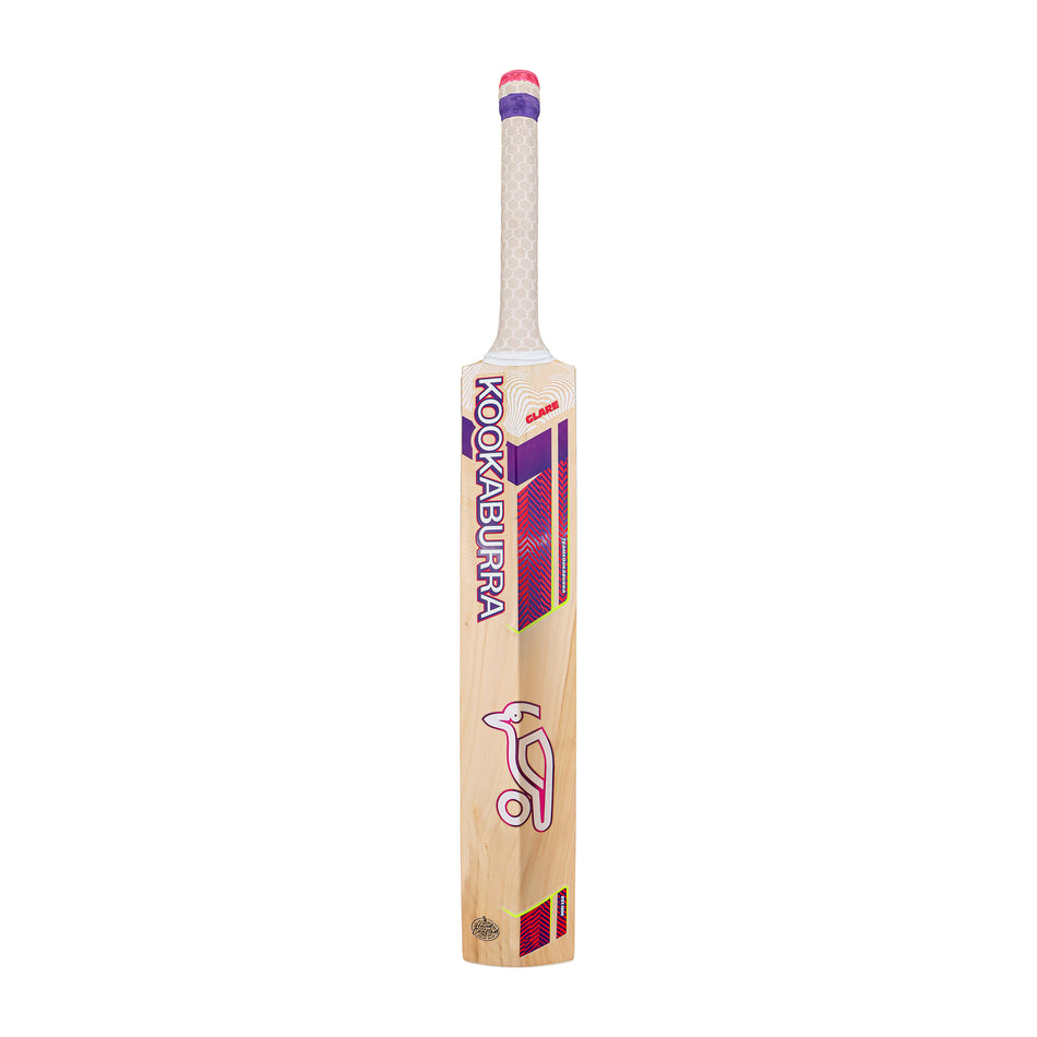 The Kookaburra Glare 4.1 Hero Junior Cricket Bat 2026 stands upright against a plain white background, showcasing its English willow blade, white handle, and purple-pink Kookaburra branding.