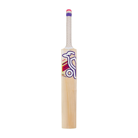 The Kookaburra Glare 4.1 Hero Junior Cricket Bat 2026 features a patterned white handle, vibrant purple, red, and yellow design with a stylized bird on the blade, and is crafted from premium English willow.