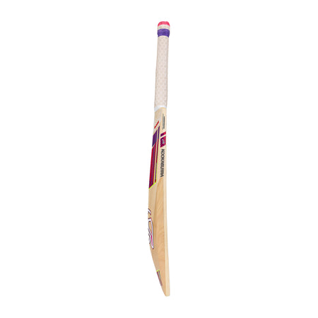 The Kookaburra Glare 4.1 Hero Junior Cricket Bat 2026, made from premium English willow with a white and purple grip plus red, purple, and black accents, stands upright on a plain white background.