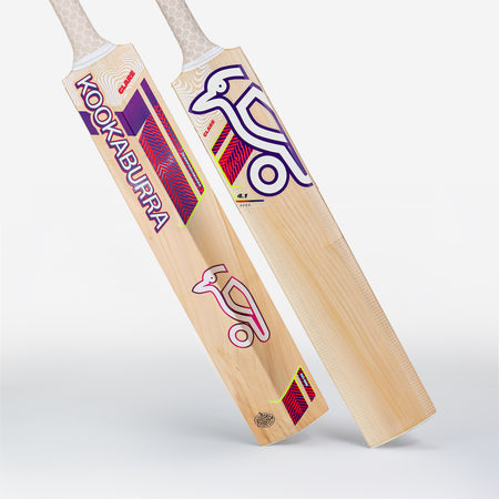 Two Kookaburra Glare 4.1 Hero Junior Cricket Bats 2026 stand upright, displaying front and back. Made from quality English willow, they feature vibrant graphics with a stylized bird and KOOKABURRA in bold purple and red letters.