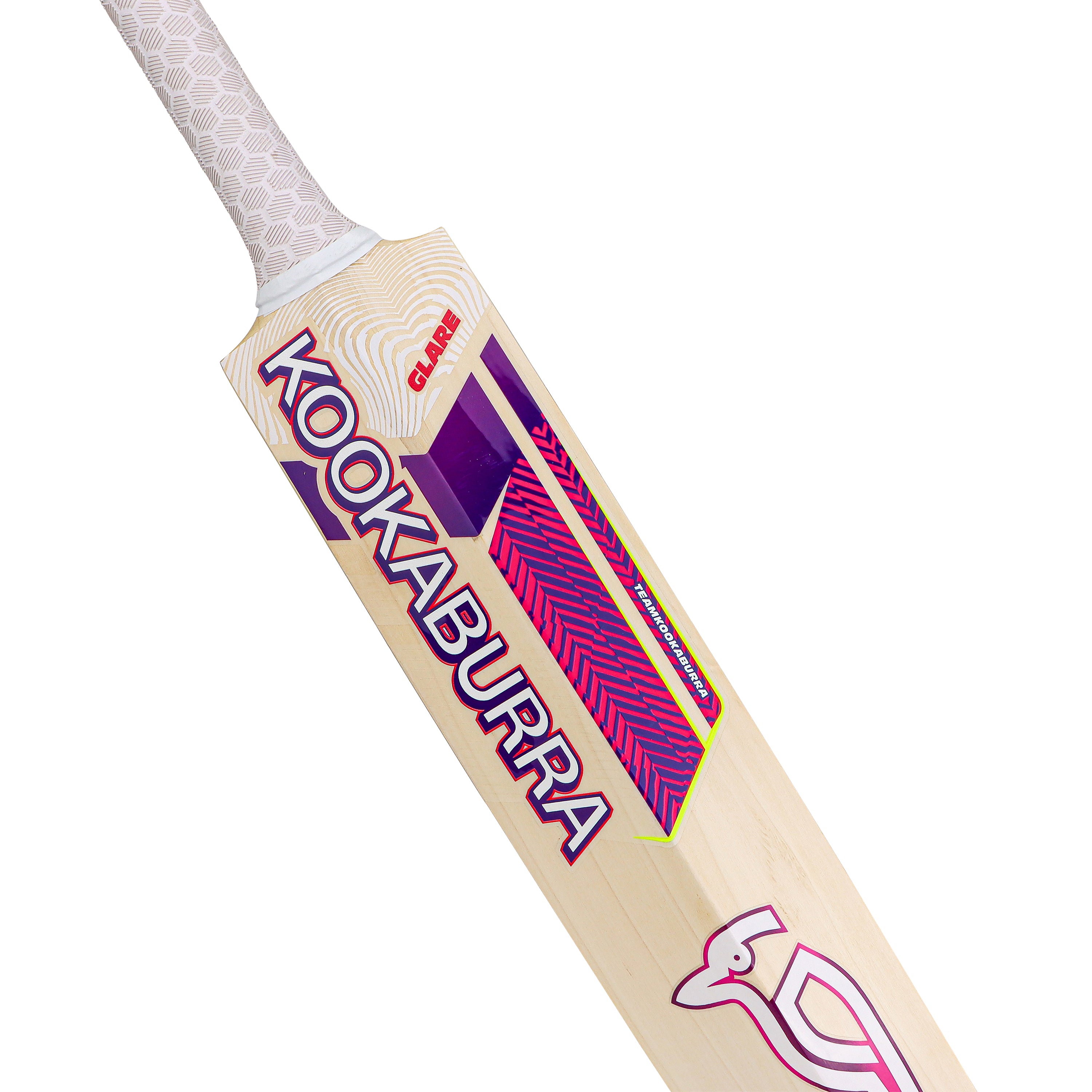The Kookaburra Glare 6.1 Special Cricket Bat 2026, made from English Willow with a white grip and vibrant purple, pink, and blue branding, features the Kookaburra logo and GLARE on the front—perfect for players seeking a low sweet spot bat.