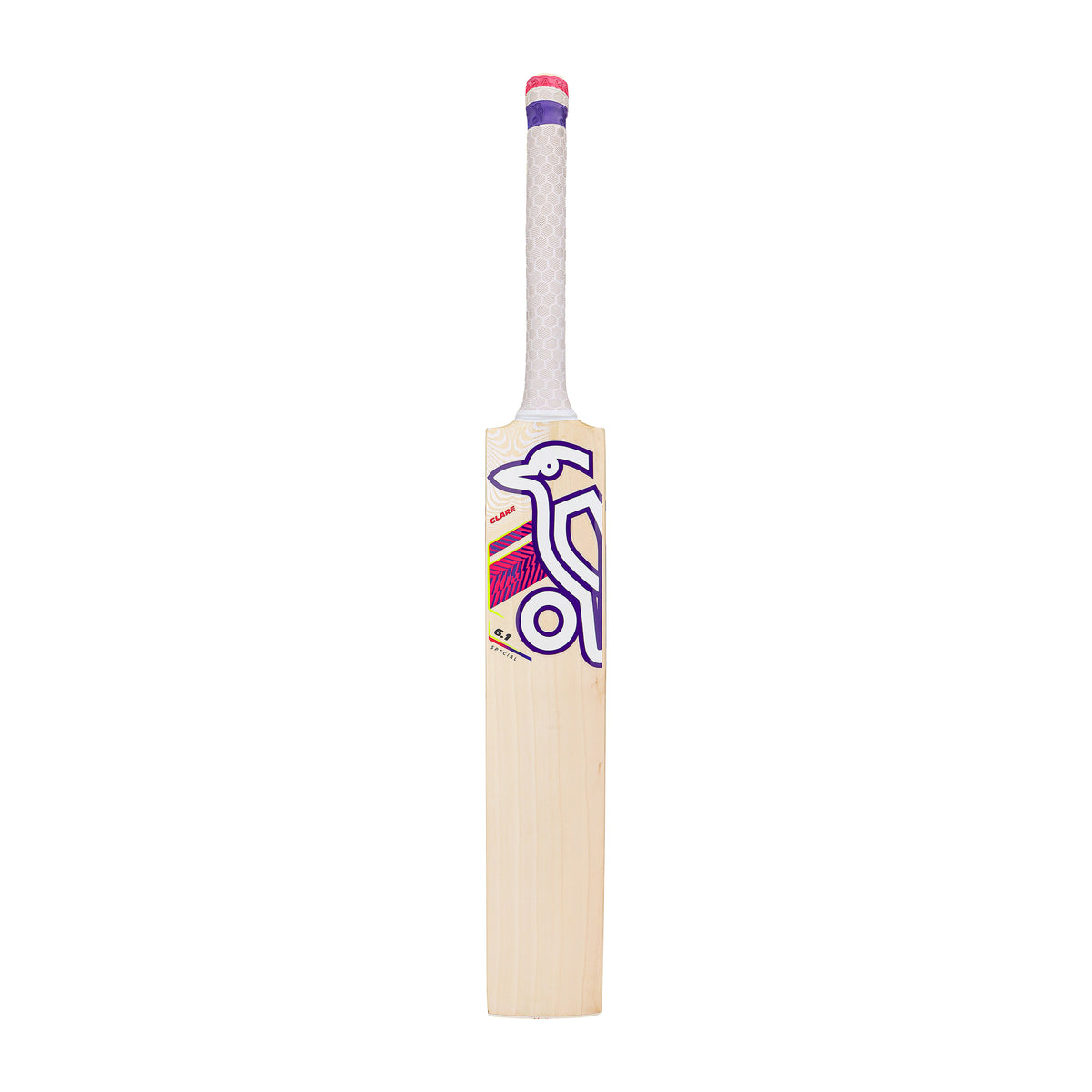 The Kookaburra Glare 6.1 Special Cricket Bat 2026 by Kookaburra features a white handle and bold purple, pink, and yellow bird-themed design on English Willow, standing upright against a white background.