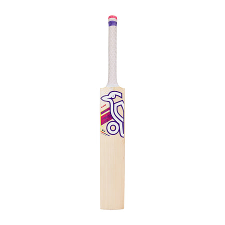The Kookaburra Glare 6.1 Special Cricket Bat 2026 by Kookaburra features a white handle and bold purple, pink, and yellow bird-themed design on English Willow, standing upright against a white background.