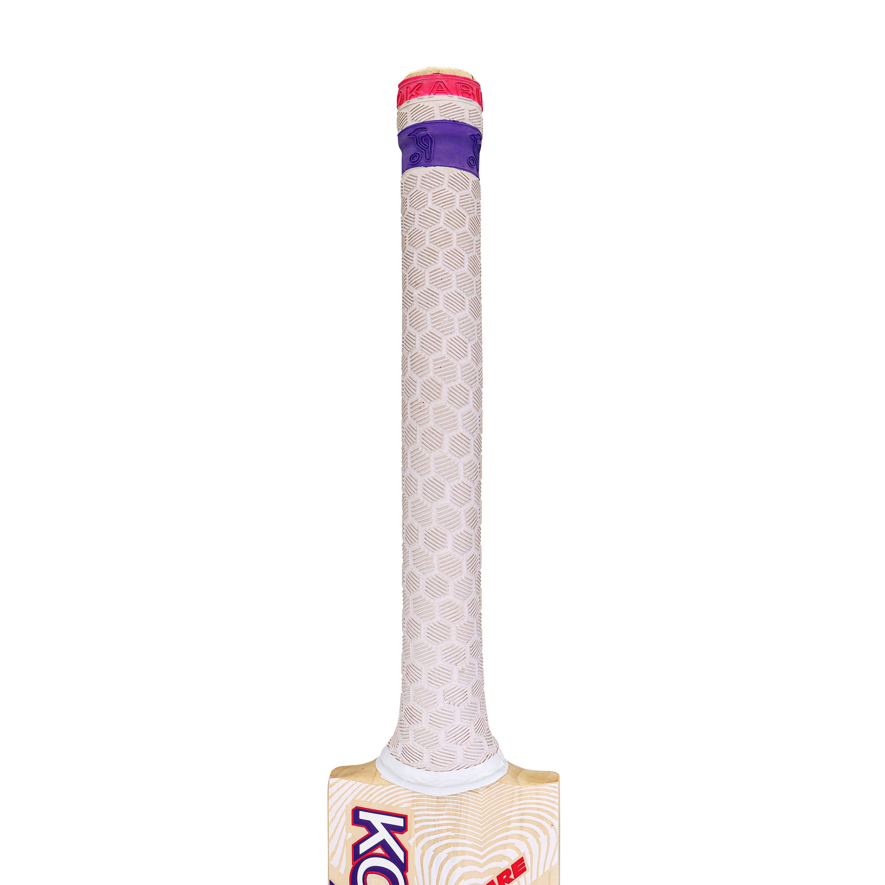 Close-up of the Kookaburra Glare 6.1 Special Cricket Bat 2026 handle, wrapped in a textured white grip with a purple band near the top and a pink cap at the end.